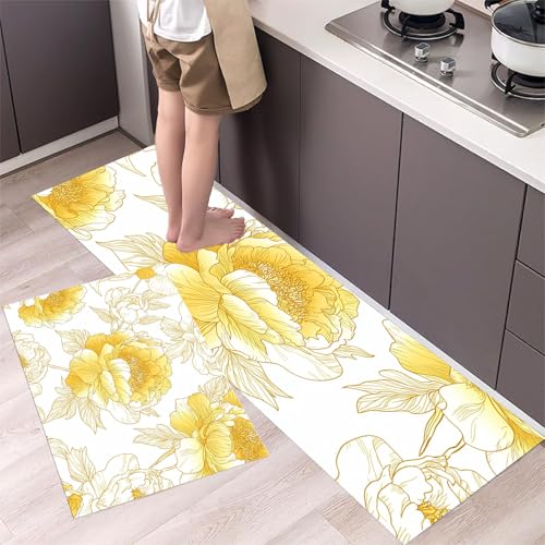 Pfingstrosen Und Schmetterlinge Küchenteppiche 2er Set - Bequeme und Rutschfestes Küchenmatten Waschbare Aufkleberstil Matten und Teppiche für Flur, Esszimmer, Gelb 44x75cm+44x150cm von MLSOWM