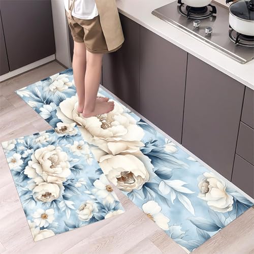 Pfingstrosen und Gänseblümchen Küchenteppiche 2er Set - Bequeme und Rutschfestes Küchenmatten Waschbare Retro-Blumen Matten und Teppiche für Flur, Esszimmer, Hellblau 44x75cm+44x150cm Pfingstrosen und Gänseblümchen Küchenteppiche 2er Set - Bequeme und Rutschfestes Küchenmatten Waschbare Retro-Blumen Matten und Teppiche für Flur, Esszimmer, Hellblau 44x75cm+44x150cm von MLSOWM
