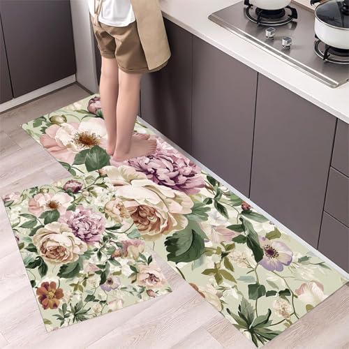 Pfingstrosen und Rosen Küchenteppich Set 2 Stück rutschfeste, Retro-Blumen Waschbare Küchen Matten Teppiche Set,für Flur Läufer, Esszimmer, Eingang Türmatte 40x60cm+40x120cm Salbeigrün Pfingstrosen und Rosen Küchenteppich Set 2 Stück rutschfeste, Retro-Blumen Waschbare Küchen Matten Teppiche Set,für Flur Läufer, Esszimmer, Eingang Türmatte 40x60cm+40x120cm Salbeigrün von MLSOWM