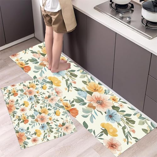 Retro-Blumen Küchenteppich Set 2 Stück rutschfeste, Frühlingsgarten Waschbare Küchen Matten Teppiche Set,für Flur Läufer, Esszimmer, Eingang Türmatte 40x60cm+40x120cm Hellorange Retro-Blumen Küchenteppich Set 2 Stück rutschfeste, Frühlingsgarten Waschbare Küchen Matten Teppiche Set,für Flur Läufer, Esszimmer, Eingang Türmatte 40x60cm+40x120cm Hellorange von MLSOWM