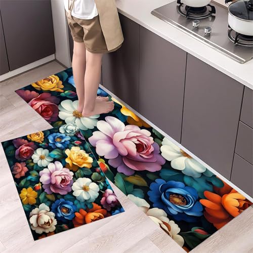 Rosenbusch Küchenteppiche 2er Set - Bequeme und Rutschfestes Küchenmatten Waschbare Jugendstil Matten und Teppiche für Flur, Esszimmer, Blaugrün 44x75cm+44x150cm von MLSOWM