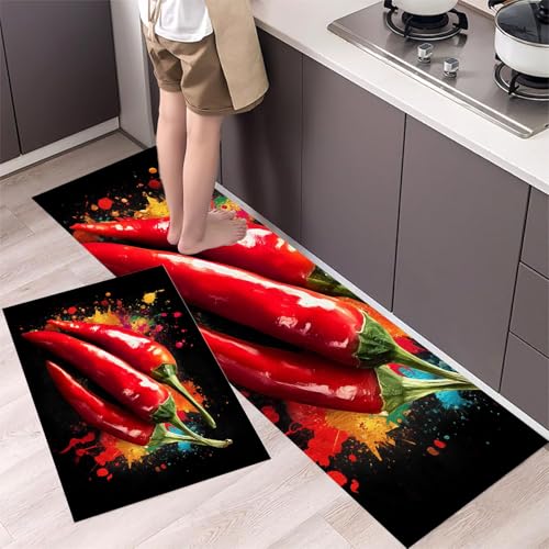 Rote Paprika Küchenteppiche 2er Set - Bequeme und Rutschfestes Küchenmatten Waschbare Graffiti-Stil Matten und Teppiche für Flur, Esszimmer, Rot 44x75cm+44x150cm Rote Paprika Küchenteppiche 2er Set - Bequeme und Rutschfestes Küchenmatten Waschbare Graffiti-Stil Matten und Teppiche für Flur, Esszimmer, Rot 44x75cm+44x150cm von MLSOWM