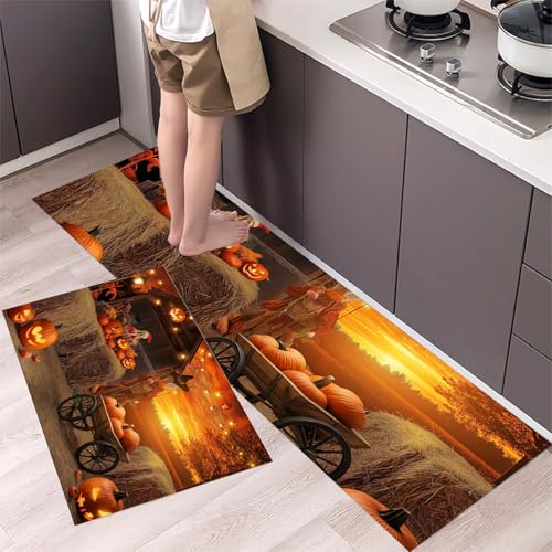 Rustikale Scheunenkürbisse Küchenteppiche 2er Set - Bequeme und Rutschfestes Küchenmatten Waschbare Halloween-Thema Matten und Teppiche für Flur, Esszimmer, Orange 44x75cm+44x150cm von MLSOWM