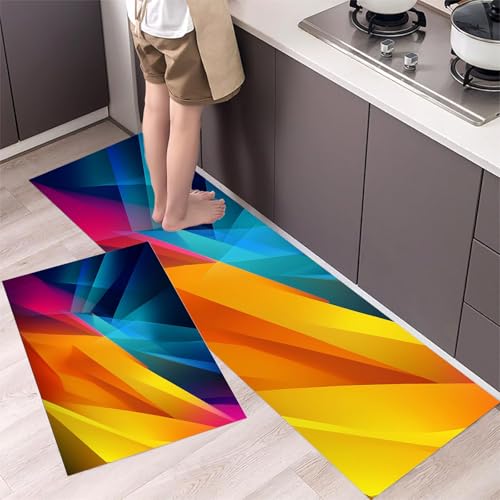 Scharfe Kanten Küchenteppiche 2er Set - Bequeme und Rutschfestes Küchenmatten Waschbare Abstrakte Geometrie Matten und Teppiche für Flur, Esszimmer, Gelb 43x75cm+43x120cm von MLSOWM