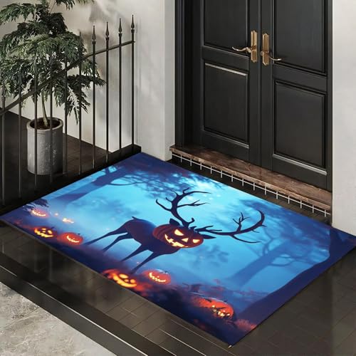 Schmutzfangmatte Innen 40 x 60 cm, Fußmatte Halloween-Wald, rutschfeste Fußmatte Kürbiskopf-Hirsch, Eingangsteppich, Sauberlaufmatte, Türmatte für Eingang, Haustür, Innen und Außen ( Dunkelblau ) von MLSOWM