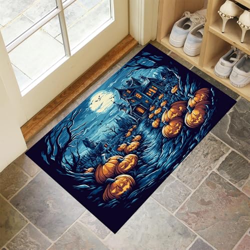 Schmutzfangmatte Innen 50 x 80 cm, Fußmatte Halloween Spukhaus, rutschfeste Fußmatte Magischer Kürbisbeet, Eingangsteppich, Sauberlaufmatte, Türmatte für Eingang, Haustür, Innen und Außen ( Blau ) von MLSOWM