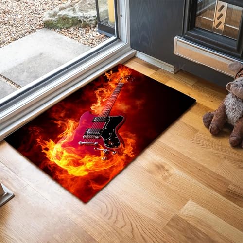 Schmutzfangmatte Innen Abstrakte dynamische Musik Waschbarer Fussmatte Flammen-E-Gitarre Teppiche, Niedriger Flor, rutschfest, Weiche, Eingangstürmatte für Flur Eingangsbereich Küche,60 x 120 cm, Rot von MLSOWM