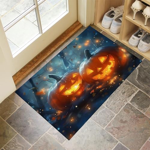 Schmutzfangmatte Innen Halloween-Nacht Waschbarer Fussmatte Kürbislaternenwald Teppiche, Niedriger Flor, rutschfest, Weiche, Eingangstürmatte für Flur Eingangsbereich Küche,50 x 80 cm, Grau-Blau von MLSOWM