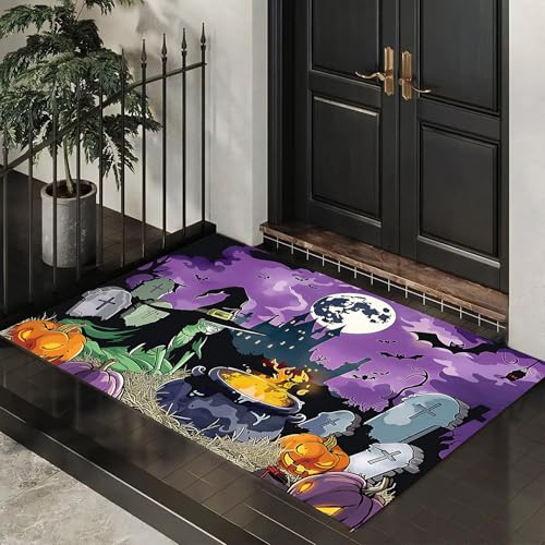Schmutzfangmatte Innen Halloween-Thema Waschbarer Fussmatte Cartoon-Grabstein-Hexe Teppiche, Niedriger Flor, rutschfest, Weiche, Eingangstürmatte für Flur Eingangsbereich Küche,50 x 80 cm, Lila Schmutzfangmatte Innen Halloween-Thema Waschbarer Fussmatte Cartoon-Grabstein-Hexe Teppiche, Niedriger Flor, rutschfest, Weiche, Eingangstürmatte für Flur Eingangsbereich Küche,50 x 80 cm, Lila von MLSOWM