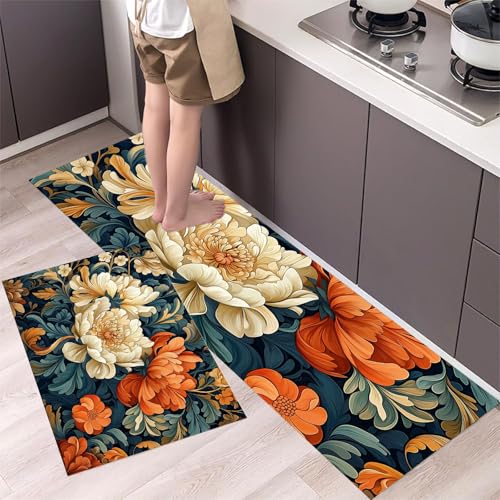 Schöne Blumen Küchenteppich Set 2 Stück rutschfeste, Jugendstil Waschbare Küchen Matten Teppiche Set,für Flur Läufer, Esszimmer, Eingang Türmatte 43x75cm+43x120cm Blau von MLSOWM