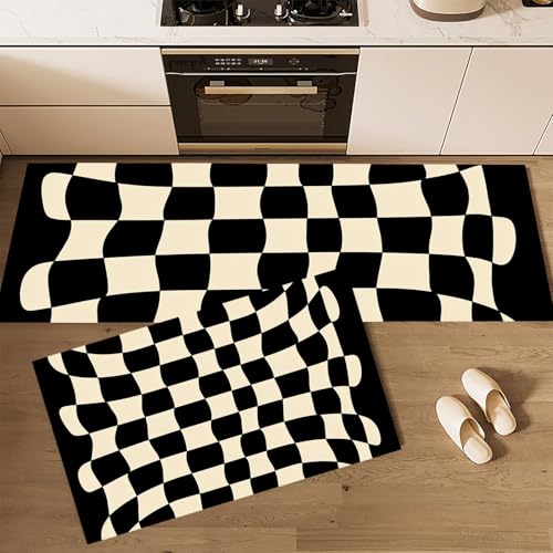 Schwarz-Weiß-Plaid Küchenteppich Sets, 2 Stück Rutschfeste Abstrakte Illustration Küchenmatten Teppiche Läuferset, Gummibacking Absorbierende Waschbare Bodenmatten, 40x60cm+40x120cm Schwarz Weiß von MLSOWM
