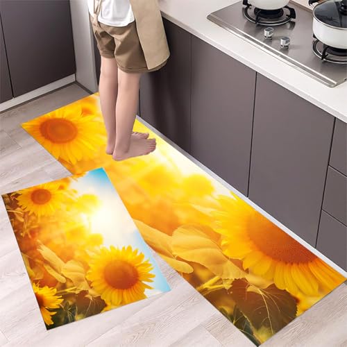 Sonnenblumenfeld Küchenteppiche 2er Set - Bequeme und Rutschfestes Küchenmatten Waschbare Sommerblumenfeld Matten und Teppiche für Flur, Esszimmer, Gelb 43x75cm+43x150cm von MLSOWM