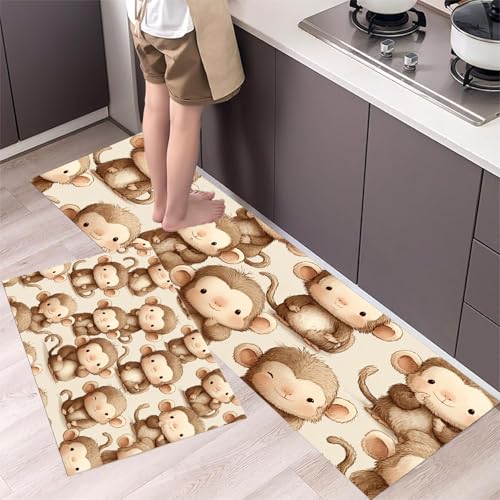 Süßer AFFE Küchenteppiche 2er Set - Bequeme und Rutschfestes Küchenmatten Waschbare Cartoon-Muster Matten und Teppiche für Flur, Esszimmer, Braun 44x75cm+44x150cm von MLSOWM