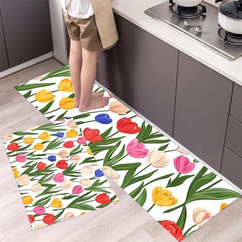 Tulpe Küchenteppich Set 2 Stück rutschfeste, Frühlingsgarten Waschbare Küchen Matten Teppiche Set,für Flur Läufer, Esszimmer, Eingang Türmatte 44x75cm+44x150cm Rot Tulpe Küchenteppich Set 2 Stück rutschfeste, Frühlingsgarten Waschbare Küchen Matten Teppiche Set,für Flur Läufer, Esszimmer, Eingang Türmatte 44x75cm+44x150cm Rot von MLSOWM
