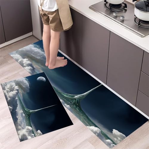 Turm Küchenteppiche 2er Set - Bequeme und Rutschfestes Küchenmatten Waschbare Futuristischer Stil Matten und Teppiche für Flur, Esszimmer und Eingangsbereich, Dunkelblau 43x75cm+43x120cm von MLSOWM