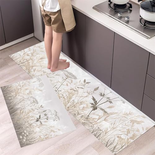 Unkraut Küchenteppiche 2er Set - Bequeme und Rutschfestes Küchenmatten Waschbare Verdorrtes Gras Matten und Teppiche für Flur, Esszimmer und Eingangsbereich, Hellgrau 40x60cm+40x120cm von MLSOWM