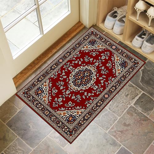 Wunderschöne Reben Und Blumen Fußmatte Innen 60x120 cm Schmutzfangmatte Innen rutschfest Traditionelle Muster Fußmatte Waschbar Saugstarke Eingangsteppich Dünne Türmatte für Eingang, Haustür - Tiefrot von MLSOWM