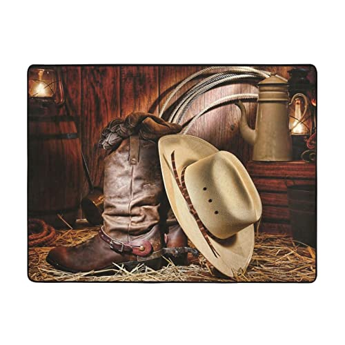 MLTRFGJ Cowboy-Bodenmatte, schwarzer Hut, Westernstiefel, bedruckter Flanell, saugfähig und langlebig, geeignet für verschiedene Anlässe von MLTRFGJ
