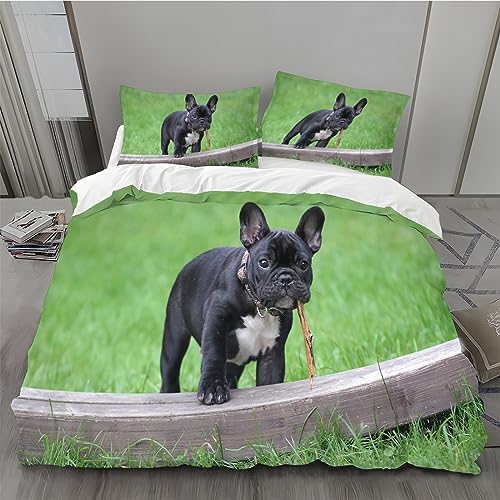 MLUNKQAIL Bettbezug 135x200 Gras Bettwäsche Bulldogge Weich Atmungsaktiv Bettwäsche Set Mikrofaser Bettbezüge und 2 Kissenbezüge 80x80 cm mit Reißverschluss für Ganzjaehrig von MLUNKQAIL