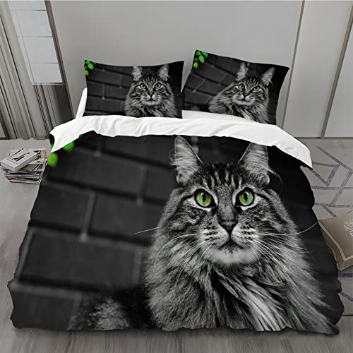 MLUNKQAIL Bettbezug 155x220 Dunkelgrauer Ziegelstein Bettwäsche Maine-Coon-Katze Weich Atmungsaktiv Bettwäsche Set Mikrofaser Bettbezüge und 2 Kissenbezüge 80x80 cm mit Reißverschluss für Ganzjaehrig von MLUNKQAIL