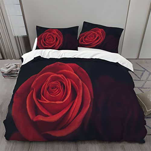 MLUNKQAIL Bettbezug 200x200 Rosen Bettwäsche Dunkelrot Weich Atmungsaktiv Bettwäsche Set Mikrofaser Bettbezüge und 2 Kissenbezüge 80x80 cm mit Reißverschluss für Ganzjaehrig von MLUNKQAIL