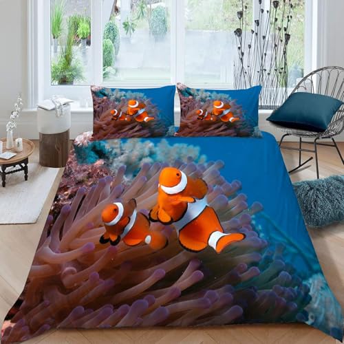 MLUNKQAIL BettwäSche 135x200 Clownfisch Bettbezug Set 3 Teilig Seeanemone Flauschig BettbezüGe und 2 Kissenbezug 80x80, Allergiker BettwäSche-Sets Weiche Microfaser mit ReißVerschluss von MLUNKQAIL