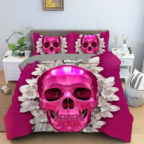 MLUNKQAIL BettwäSche 135x200 rosarot Bettbezug Set 3 Teilig Totenkopfblume Flauschig BettbezüGe und 2 Kissenbezug 80x80, Allergiker BettwäSche-Sets Weiche Microfaser mit ReißVerschluss von MLUNKQAIL