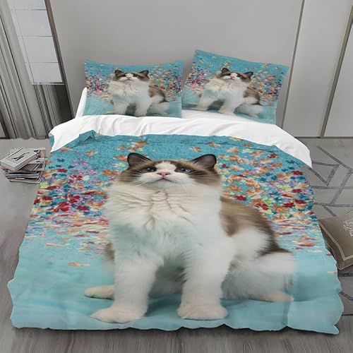 MLUNKQAIL Bettwäsche 135x200 Hellblaue Ragdoll-Katze Bettbezüge Farbige SüßIgkeiten Bettbezug Set 3 Teilig 3D Muster Mikrofaser Bettbezug mit Reißverschluss und 2 Kissenbezug 80x80cm von MLUNKQAIL