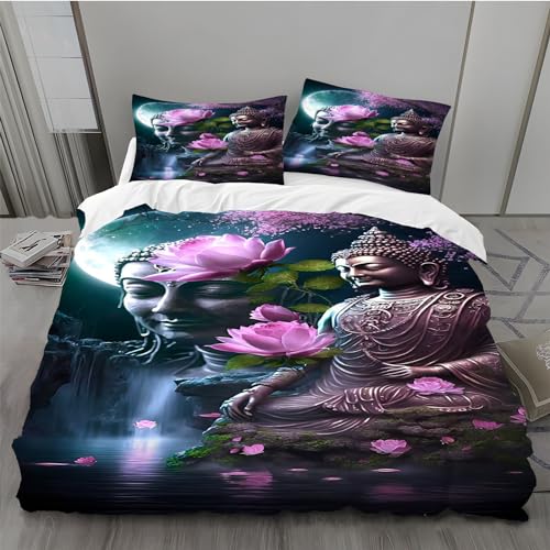 MLUNKQAIL Bettwäsche 155x220 Buddha-Figur Bettwaesche 155x220 Blumenmond 3D Bettzeug Set Winter Weich Kuschelige Mikrofaser Bettwäsche-Sets Bettbezug mit 2 x Kissenbezug 80x80 cm von MLUNKQAIL