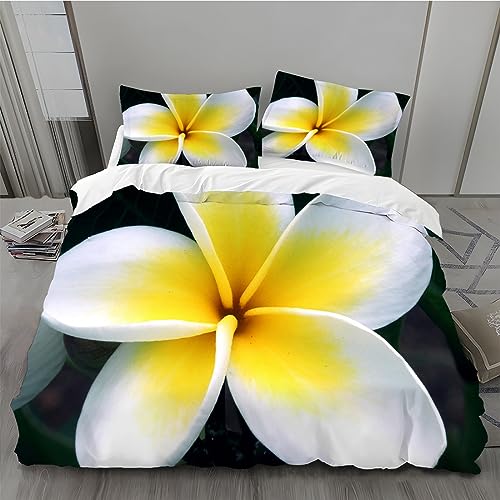 MLUNKQAIL Bettwäsche 200x220, Weiss Bettbezug, Frangipani Weich Atmungsaktiv Bettwäsche Set, Mikrofaser Bettbezüge und 2 Kissenbezüge 80x80 cm mit Reißverschluss für Ganzjaehrig von MLUNKQAIL