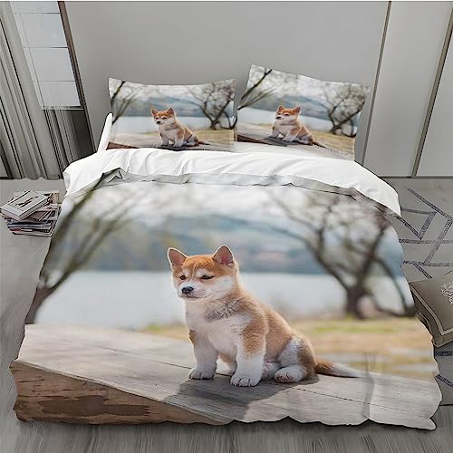 MLUNKQAIL Bettwäsche 220x240, Shiba Inu Bettbezug, Flussufer Weich Atmungsaktiv Bettwäsche Set, Mikrofaser Bettbezüge und 2 Kissenbezüge 80x80 cm mit Reißverschluss für Ganzjaehrig von MLUNKQAIL