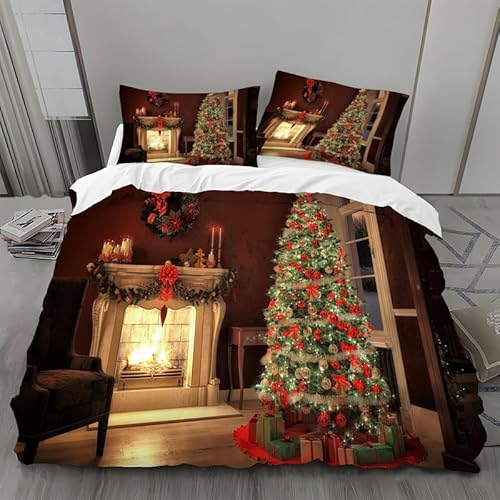 MLUNKQAIL Bettwäsche Set Braune Flamme Bettbezuege Weihnachtsbaum 3 Teilig Aus Mikrofaser Bettbezug 220x240cm Mit 2 Kissenbezug 80x80cm Weich Und Bequem 3D Digitaldruck von MLUNKQAIL