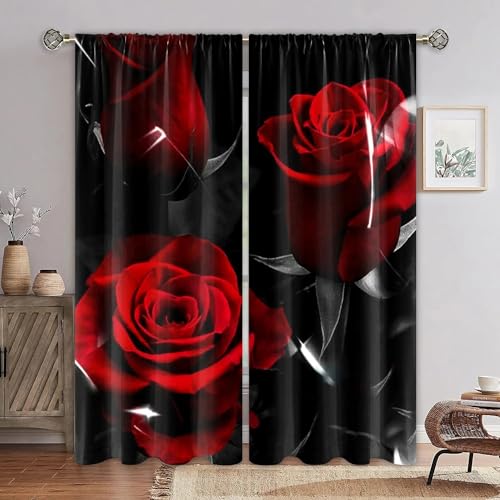 MLUNKQAIL Schallschutz Vorhang Anlage Gardinen Wohnzimmer Rote Rose Verdunklungsvorhänge mit Ösen, Vorhang Blickdicht Schlafzimmer Dekoration, 2er Set, 140 x 200 cm (BreitexHöhe) von MLUNKQAIL