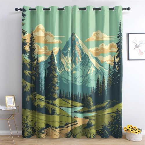 MLUNKQAIL Verdunklungsvorhänge Baum Vorhänge Blickdicht Berg Gardinen mit Ösen Wärmedämmvorhang Verdunklungsdekoschal Gardinen Wohnzimmer 2Er Set 100X160cm (BxH) von MLUNKQAIL