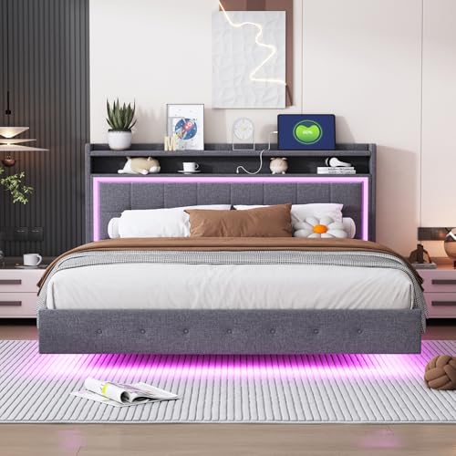 Doppelbett mit LED-Beleuchtung und USB Ladeanschluss, Metallbett mit Kopfteil aus PU, Polsterbett Stauraumbett, Bettgestell mit Lattenrost, Jugendbett Ohne Matratze,Grey-160 * 200cm von MLYYYDSS