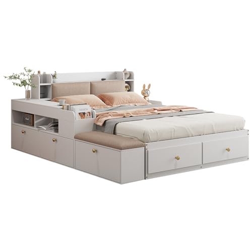 Funktionsbett - Bett mit Schubladen - Doppelbett 140 x 200 cm - Nachttisch - Stauschrank- Sofabank-massivholz Stauraumbett - Inkl Lattenrost - Kombi-Bett, ohne Matratze,White von MLYYYDSS
