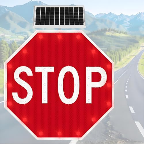 MLYYYDSS Solarbetriebenes Stoppschild mit LED-Leuchten – 24"/32" solarbetriebene blinkende Stopp-Verkehrsschilder, Aluminium-Verkehrsschild für den BAU von Straßenparkplätzen 60 * 60cm von MLYYYDSS