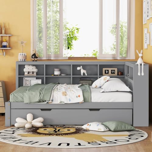 Plattformbett mit Ausziehbett 140x200cm(90x190cm), Ausziehbares Schlafsofa Tagesbett mit Bücherregal & USB Ladefunktion, Multifunktionsbett Gästebett Daybett Kinderbett Jugendbett,Grey von MLYYYDSS