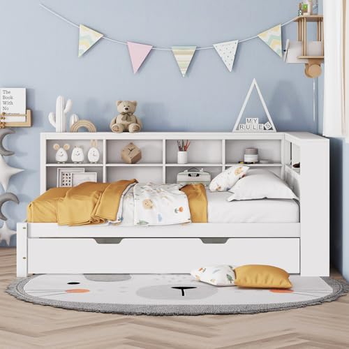 Plattformbett mit Ausziehbett 140x200cm(90x190cm), Ausziehbares Schlafsofa Tagesbett mit Bücherregal & USB Ladefunktion, Multifunktionsbett Gästebett Daybett Kinderbett Jugendbett,White von MLYYYDSS
