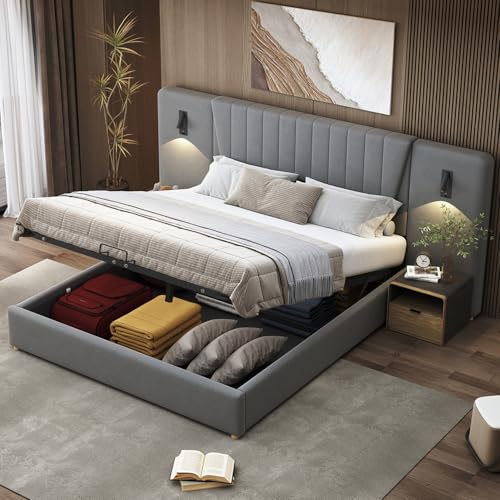 Polsterbett 180 * 200cm, Mit extralanger Rückenlehne, Leselampe mit verstellbarer Richtung, Mit USB-Ladeanschluss, Hydraulisches Stauraumbett, Doppelbett, Samtstoff,Grey von MLYYYDSS