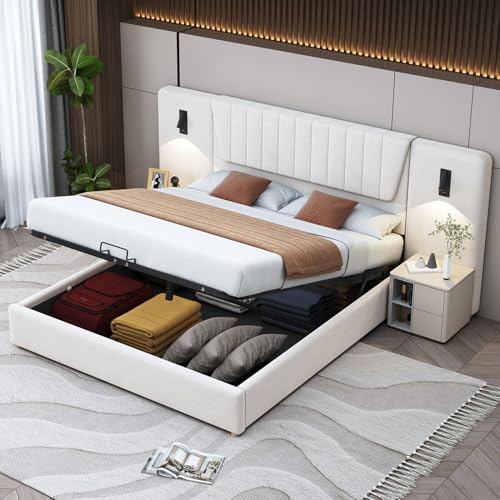 Polsterbett 180 * 200cm, Mit extralanger Rückenlehne, Leselampe mit verstellbarer Richtung, Mit USB-Ladeanschluss, Hydraulisches Stauraumbett, Doppelbett, Samtstoff,White von MLYYYDSS