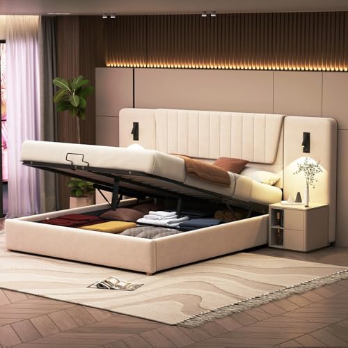 Polsterbett 180x200cm, Boxspringbett mit hydraulisches Bettkasten, Bett mit Lattenrost, Leselicht mit USB Ladefunktion Kopfteil, Stauraumbett Doppelbett Jugendbett,White von MLYYYDSS