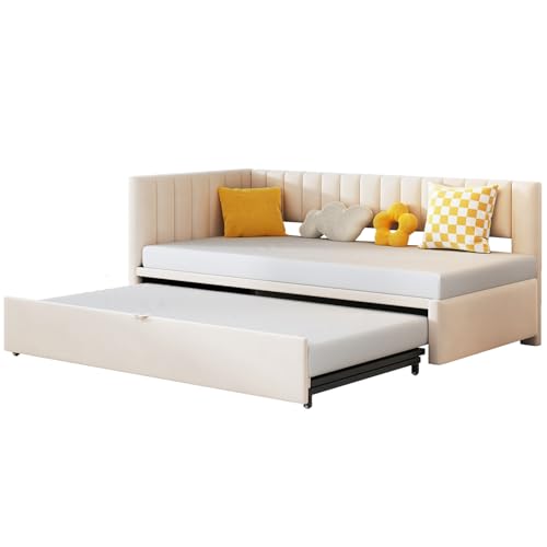 Polsterbett Ausziehbares Schlafsofa 90/180 x 200 cm mit Lattenrosten, Tagesbett Samtstoff Bettgestell Bettsofa Gästebett, Einzelbett/Doppelbett, L-förmiger Rückenlehne,Beige von MLYYYDSS