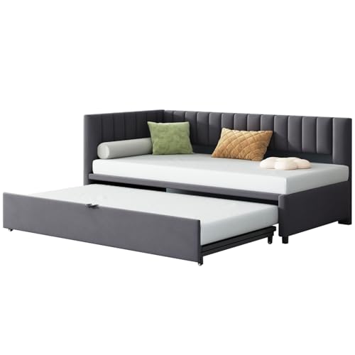 Polsterbett Ausziehbares Schlafsofa 90/180 x 200 cm mit Lattenrosten, Tagesbett Samtstoff Bettgestell Bettsofa Gästebett, Einzelbett/Doppelbett, L-förmiger Rückenlehne,DarkGray von MLYYYDSS