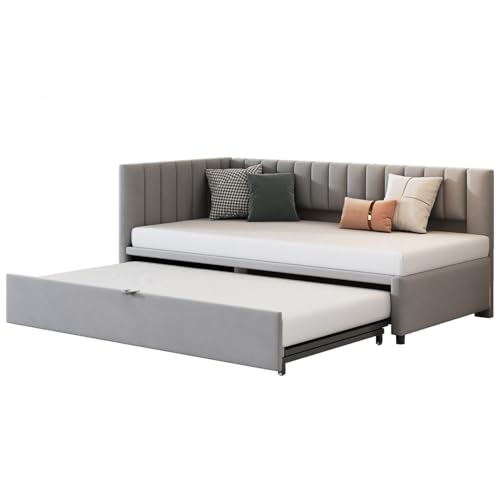 Polsterbett Ausziehbares Schlafsofa 90/180 x 200 cm mit Lattenrosten, Tagesbett Samtstoff Bettgestell Bettsofa Gästebett, Einzelbett/Doppelbett, L-förmiger Rückenlehne,LightGray von MLYYYDSS