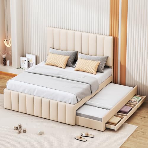 Polsterbett mit Rollbett und Stauraumschubladen, hautfreundliche Leinenpolsterung, flaches Einzelbett, Doppelbett, Kinderbett, Jugendbett, Gästebett,White-140x200cm Polsterbett mit Rollbett und Stauraumschubladen, hautfreundliche Leinenpolsterung, flaches Einzelbett, Doppelbett, Kinderbett, Jugendbett, Gästebett,White-140x200cm von MLYYYDSS