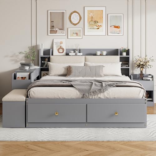 Stauraum-Kopfteil Bett, Massivholz-Kombi-Bett mit Staufach und Schubladen, Funktionsbett mit Nachttisch und Stauraum-Langschrank, Doppelbett Stauraumbett Tatamibett mit Sofabank und Lattenrost,Grey von MLYYYDSS