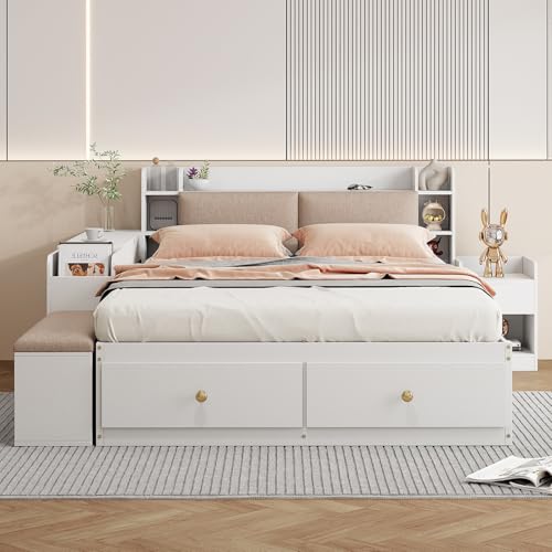 Stauraum-Kopfteil Bett, Massivholz-Kombi-Bett mit Staufach und Schubladen, Funktionsbett mit Nachttisch und Stauraum-Langschrank, Doppelbett Stauraumbett Tatamibett mit Sofabank und Lattenrost,White von MLYYYDSS