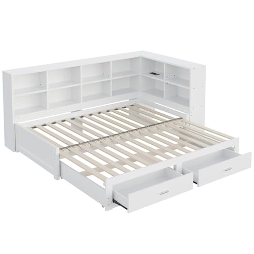 Tagesbett Ausziehbar 90/180 * 190cm, Ausziehbar Gästebett mit Latten Stauraum, Transformierbar (Sofa zu Bett) Bettrahmen Tagesbett Bett, Sofabett für Wohnzimmer Schlafzimmer, Bett Holzbett,White von MLYYYDSS