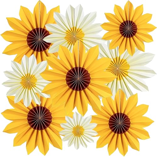 9 Stück Sonnenblumen Deko Papierfächer, Papierblumen Geburtstagsdeko, Sonnenblumen Papierfächer Girlande für Geburtstag Hochzeit Tisch Abschluss Party Deko von MLZTINGR